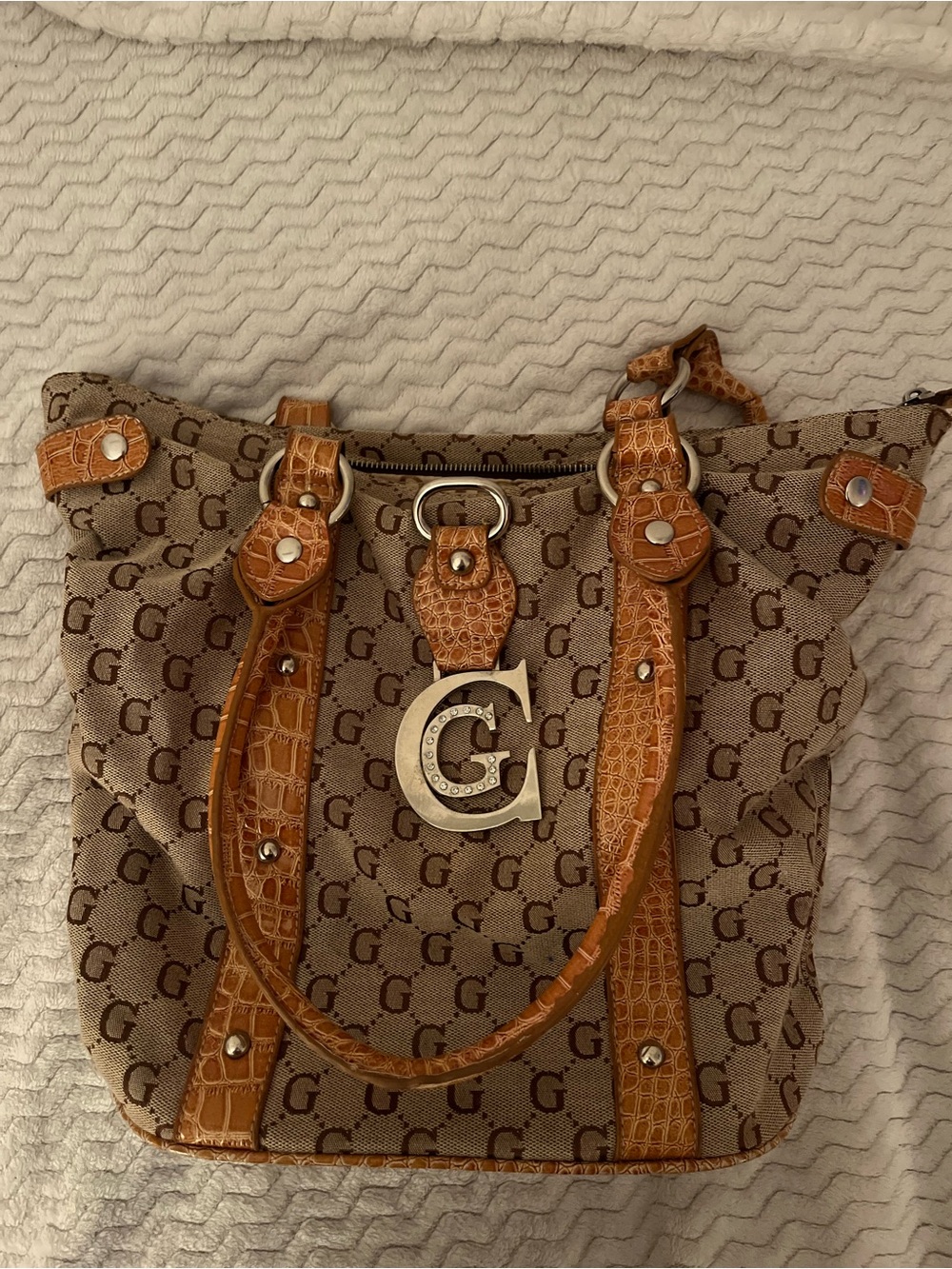 Guess Monogram Brown Canvas Tote with Tan Trim